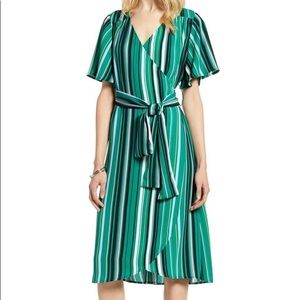 Halogen (Nordstrom) Green Striped Wrap Dress, Medium. True wrap dress.